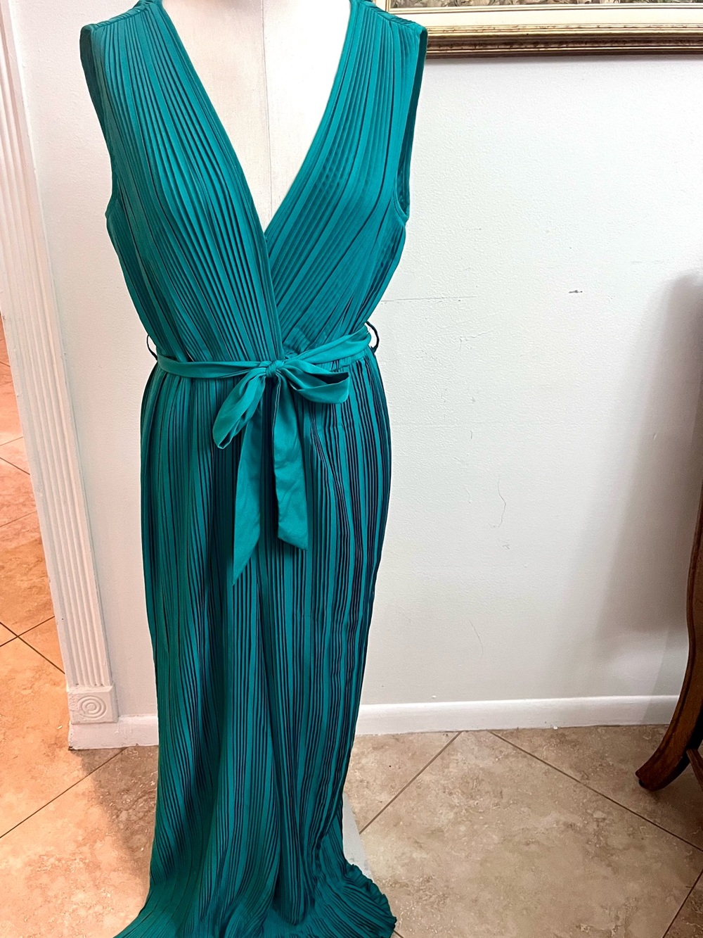 Teal Pleated Wrap Maxi Dress with Self-Tie Waist